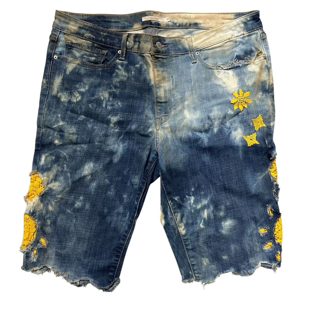Custom Levi’s 711 Skinny Shorts Tie Dye Blue Yellow Flowers Women’s Size 33 OOAK